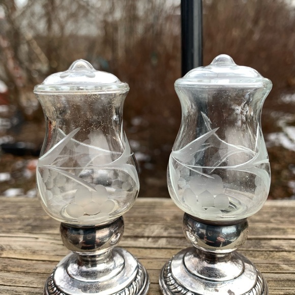 Quaker Silver Etched Glass Salt & Pepper Shakers - Picture 2 of 9